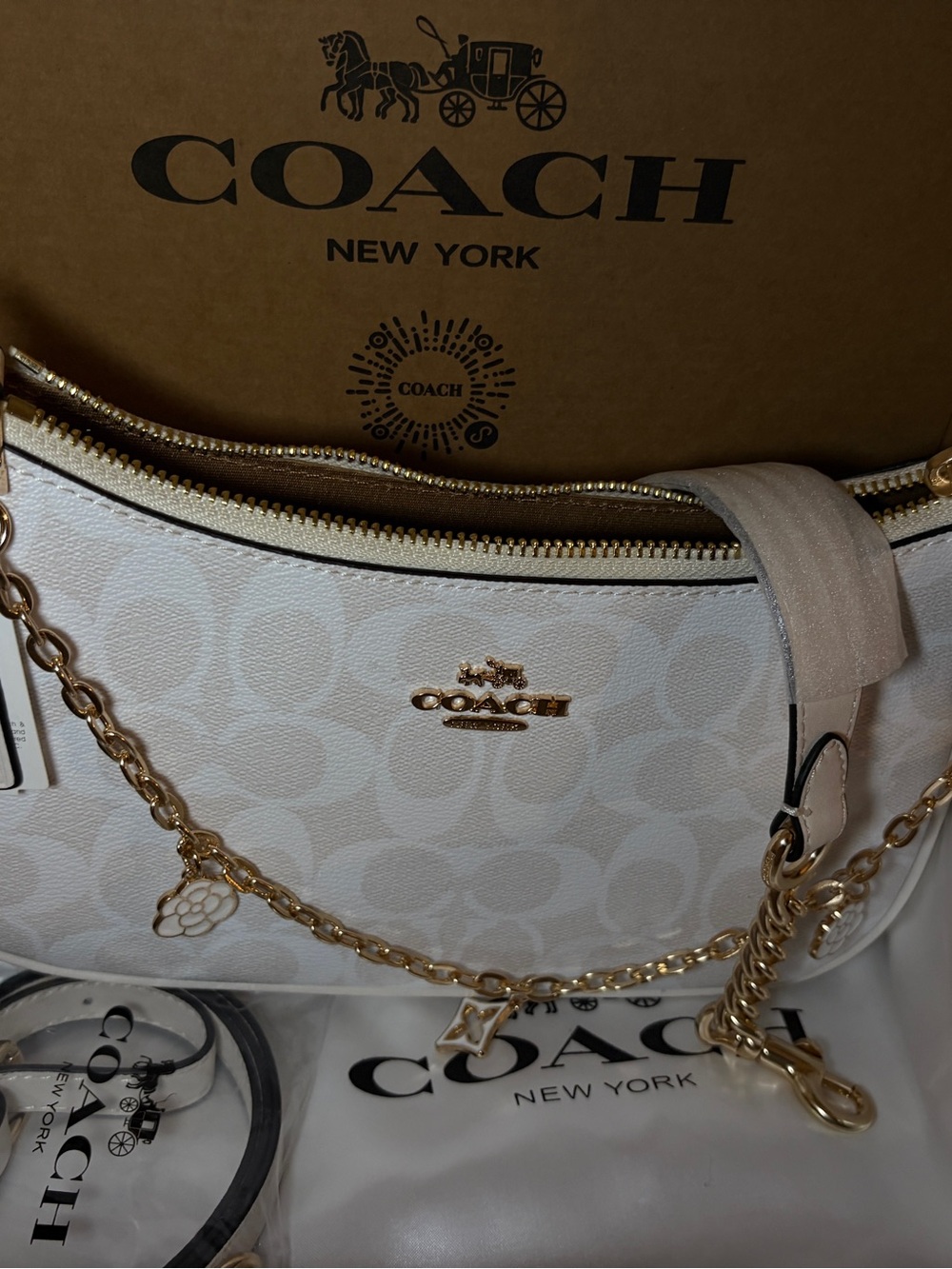 Coach Cream Signature Shoulder Bag with Gold Chain